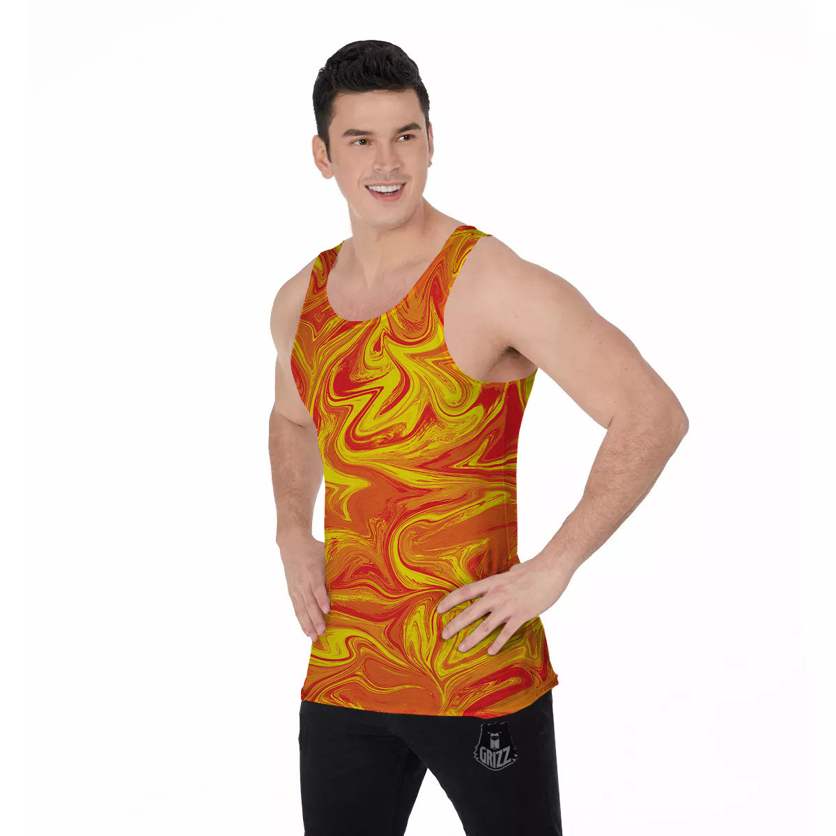 Liquid Psychedelic Trippy Orange Print Men's Tank Top-grizzshop