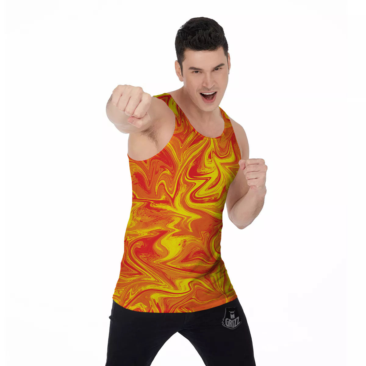 Liquid Psychedelic Trippy Orange Print Men's Tank Top-grizzshop