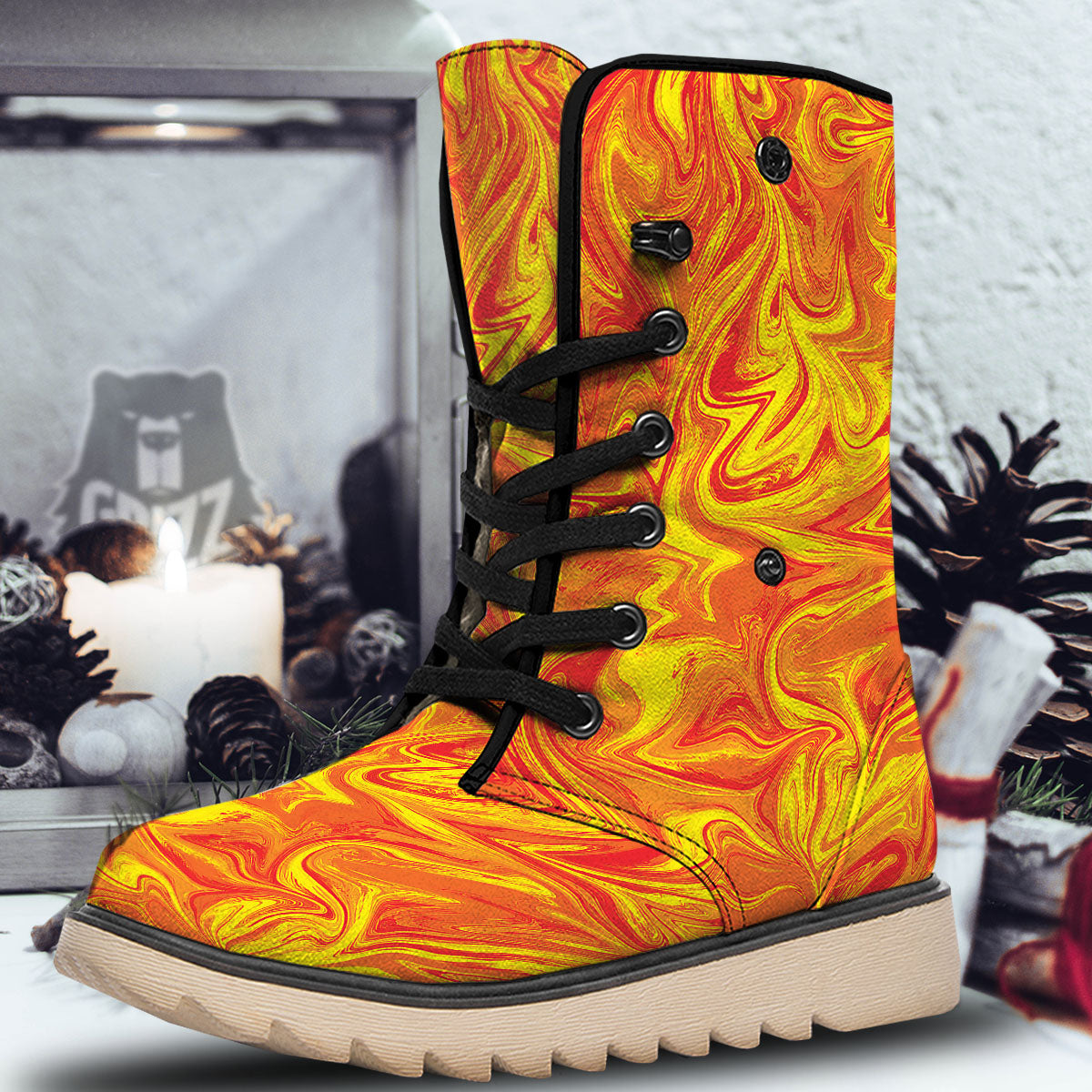 Liquid Psychedelic Trippy Orange Print Snow Boots-grizzshop