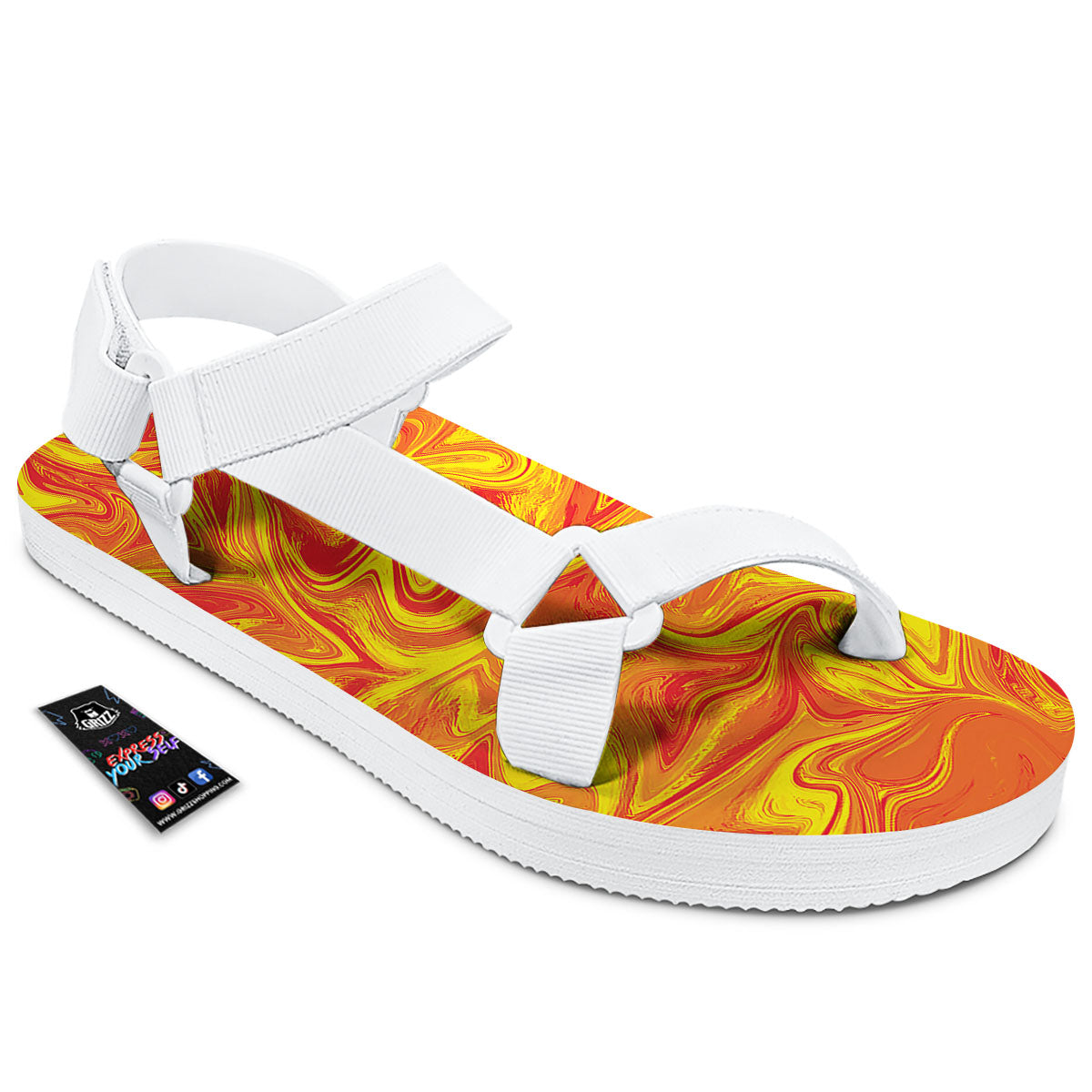 Liquid Psychedelic Trippy Orange Print White Open Toe Sandals-grizzshop
