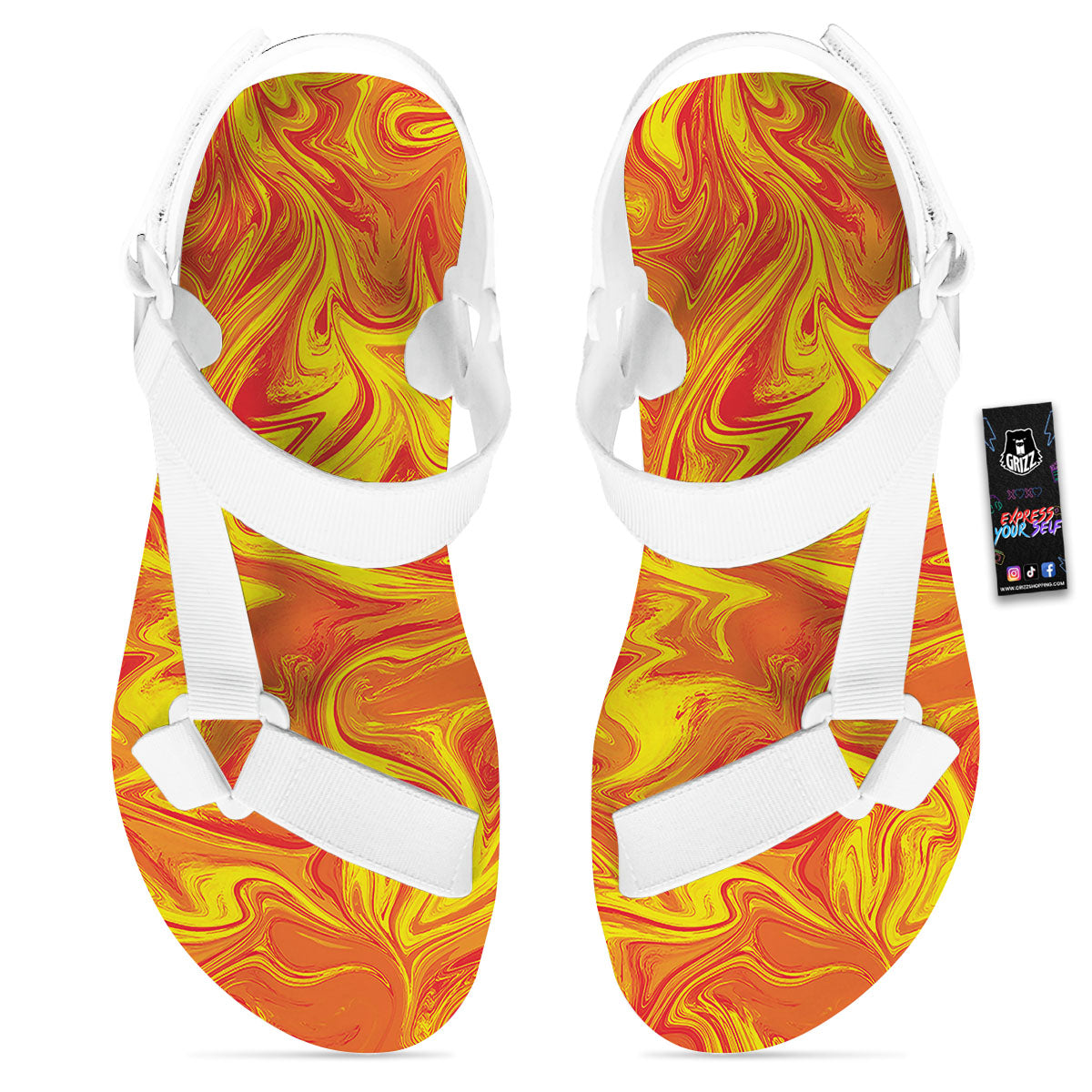 Liquid Psychedelic Trippy Orange Print White Open Toe Sandals-grizzshop