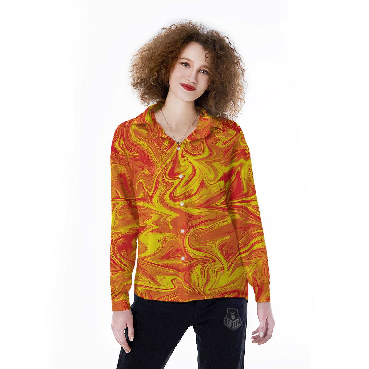 Liquid Psychedelic Trippy Orange Print Women's Long Sleeve Shirts-grizzshop
