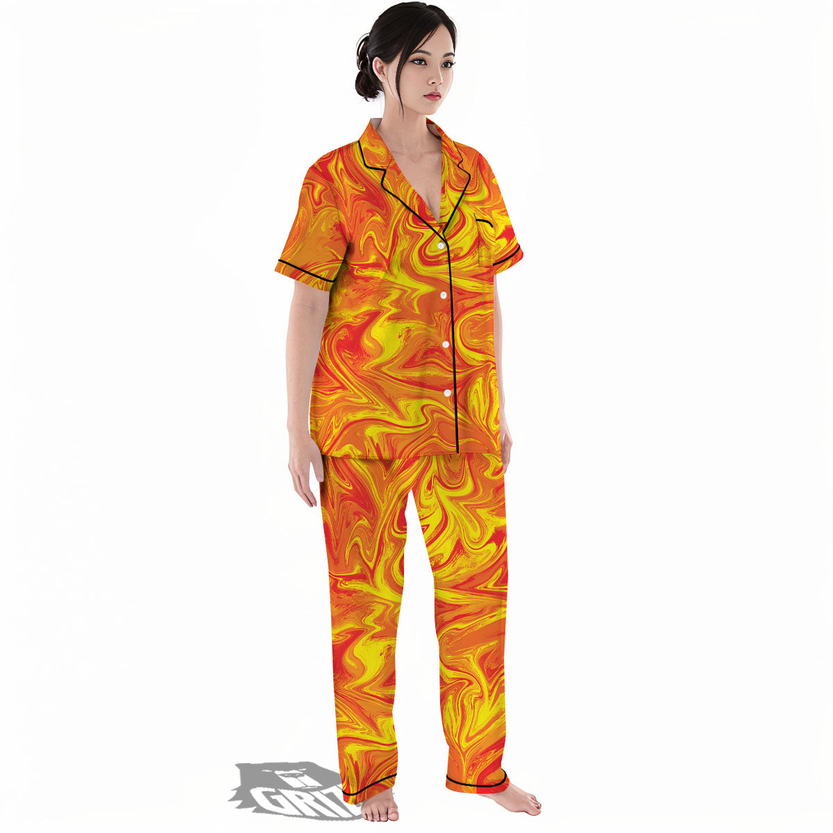 Liquid Psychedelic Trippy Orange Print Women's Pajamas Set-grizzshop