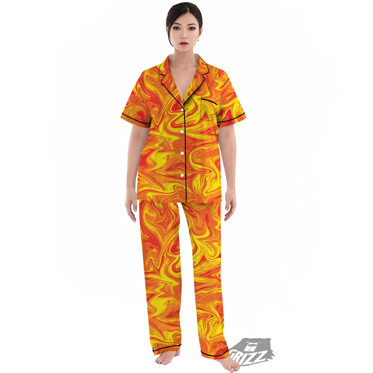 Liquid Psychedelic Trippy Orange Print Women's Pajamas Set-grizzshop