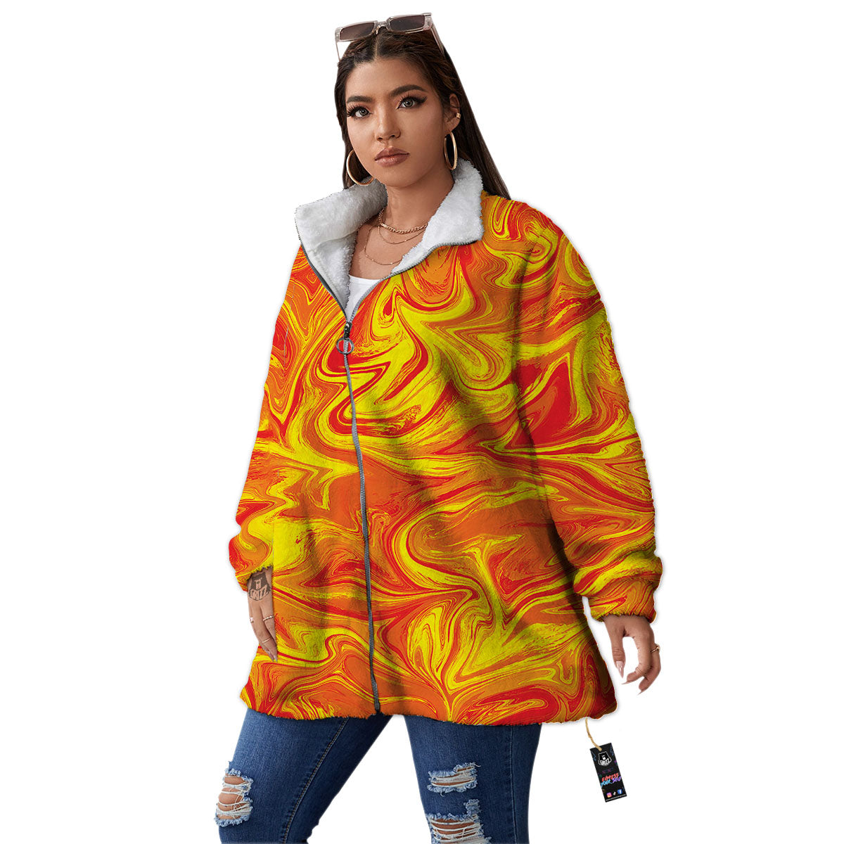 Liquid Psychedelic Trippy Orange Print Women's Sherpa Jacket-grizzshop