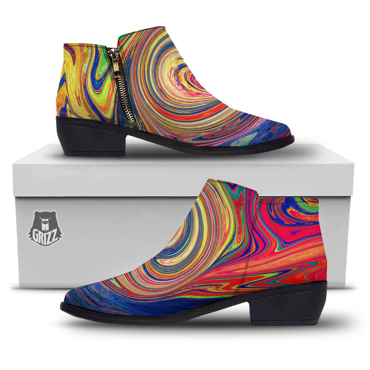 Liquid Trippy Abstract Psychedelic Print Ankle Boots-grizzshop