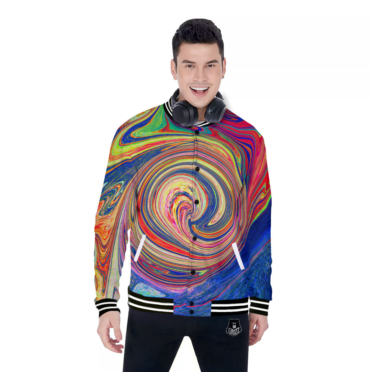 Liquid Trippy Abstract Psychedelic Print Baseball Jacket-grizzshop