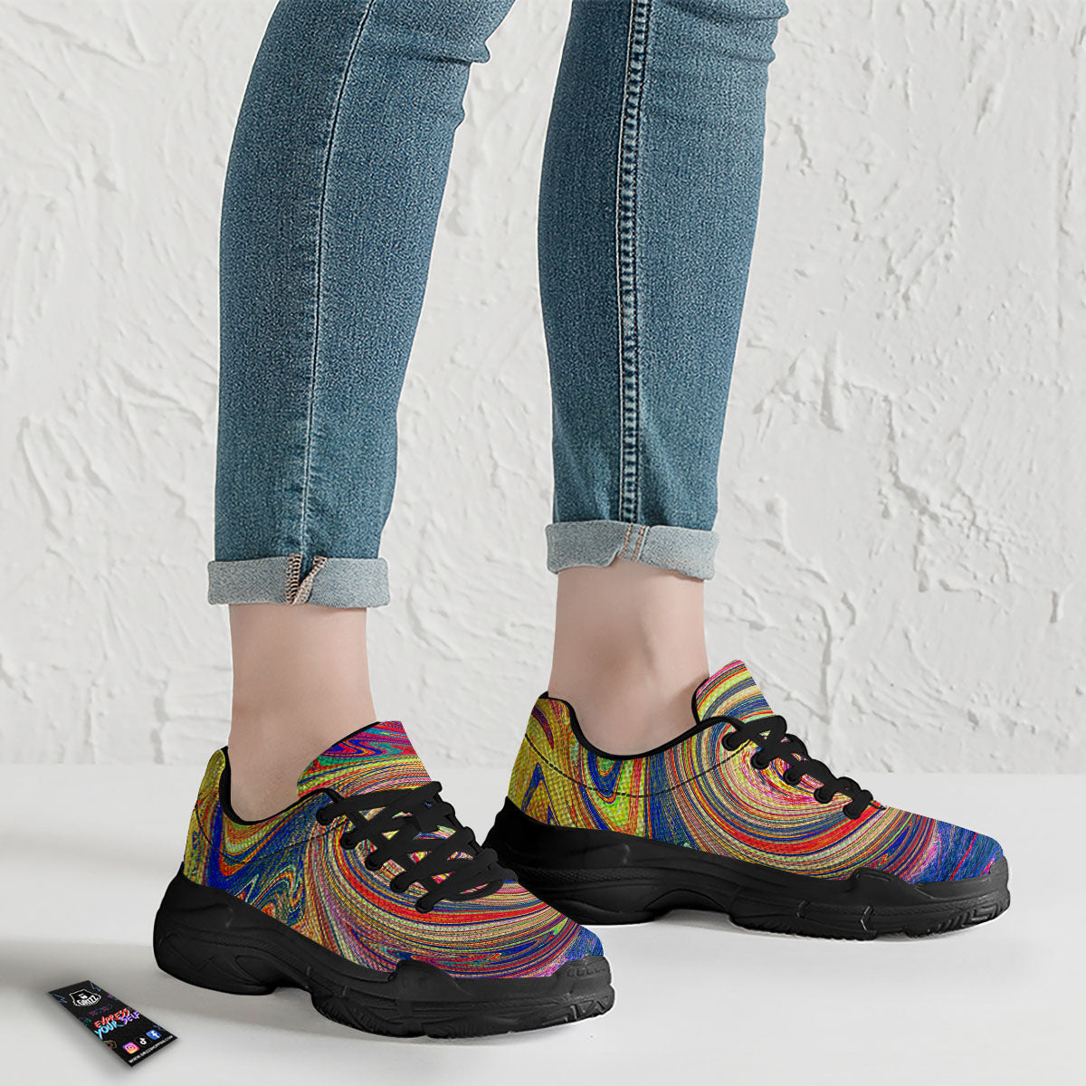 Liquid Trippy Abstract Psychedelic Print Black Chunky Shoes-grizzshop