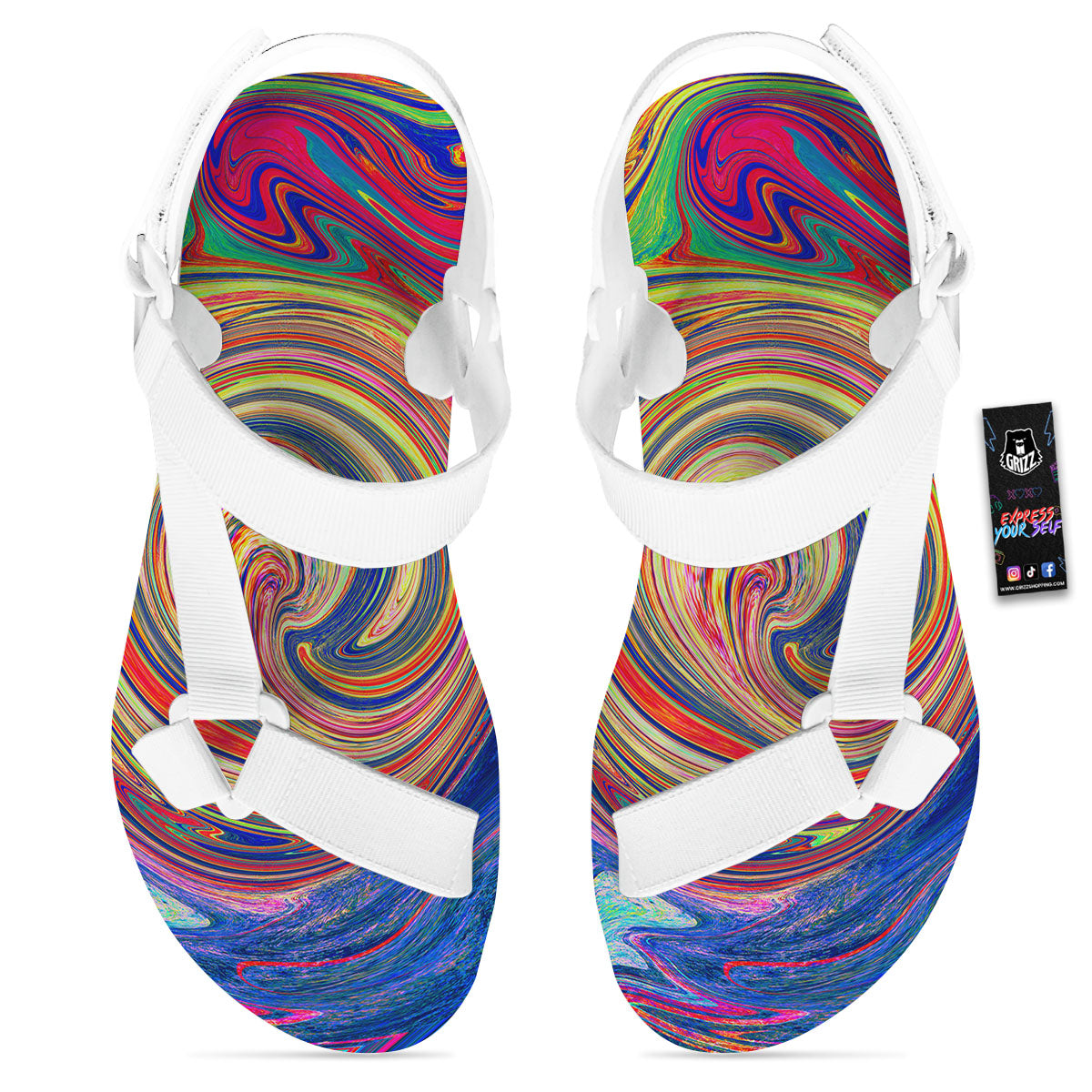 Liquid Trippy Abstract Psychedelic Print White Open Toe Sandals-grizzshop