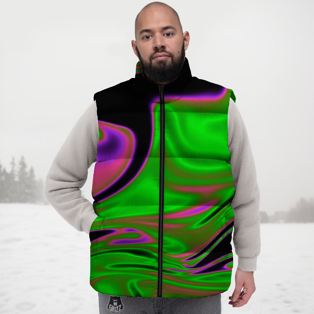 Liquid Trippy Green Abstract Print Down Vest