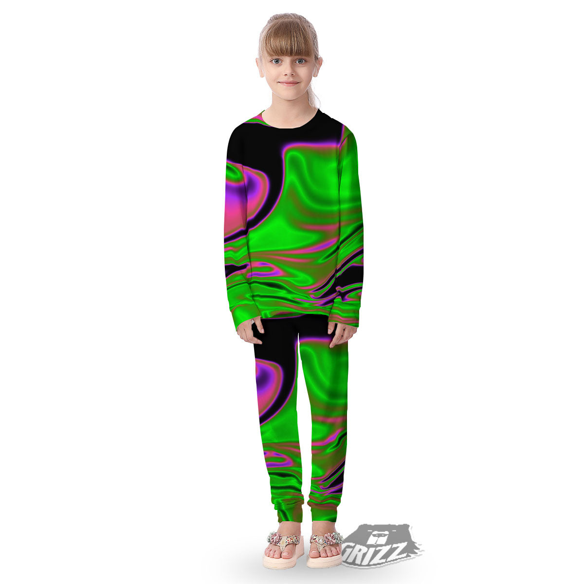 Liquid Trippy Green Abstract Print Kid's Pajamas-grizzshop