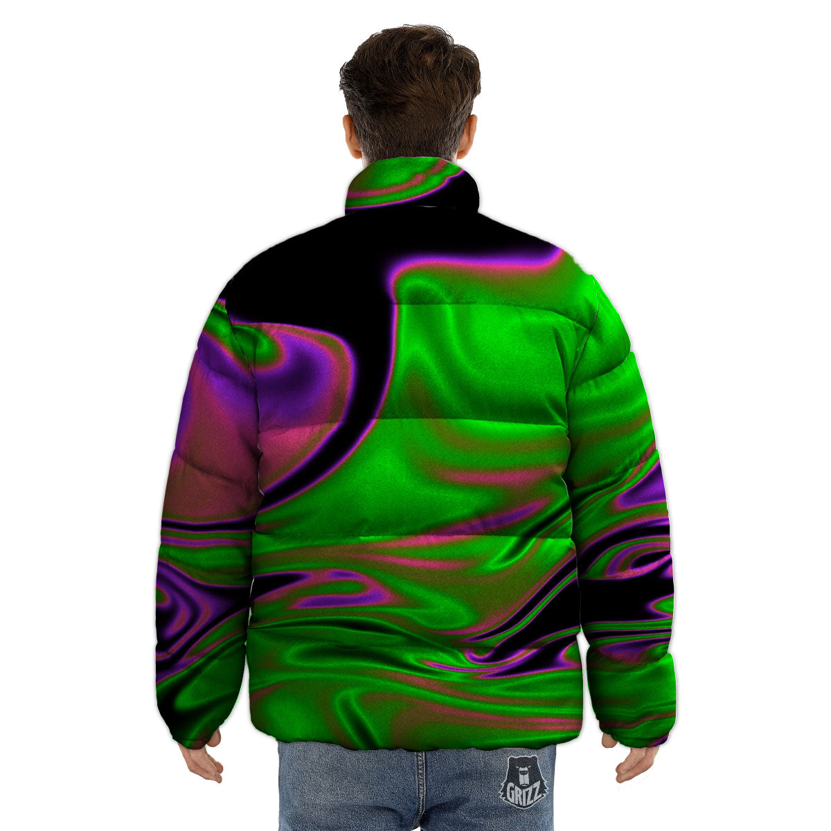 Liquid Trippy Green Abstract Print Puffer Jacket-grizzshop