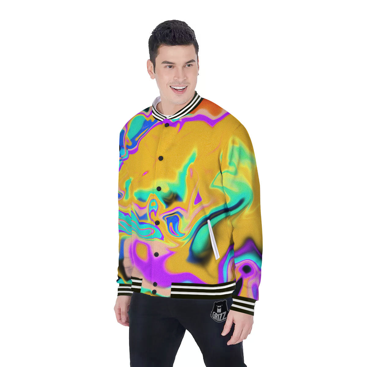 Liquid Trippy Holographic Neon Print Baseball Jacket-grizzshop