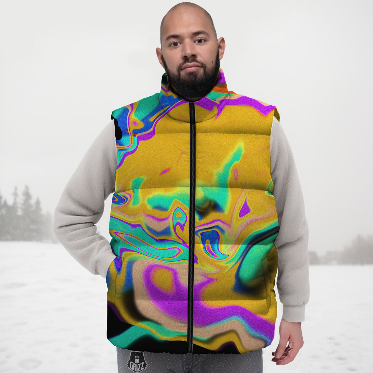 Liquid Trippy Holographic Neon Print Down Vest