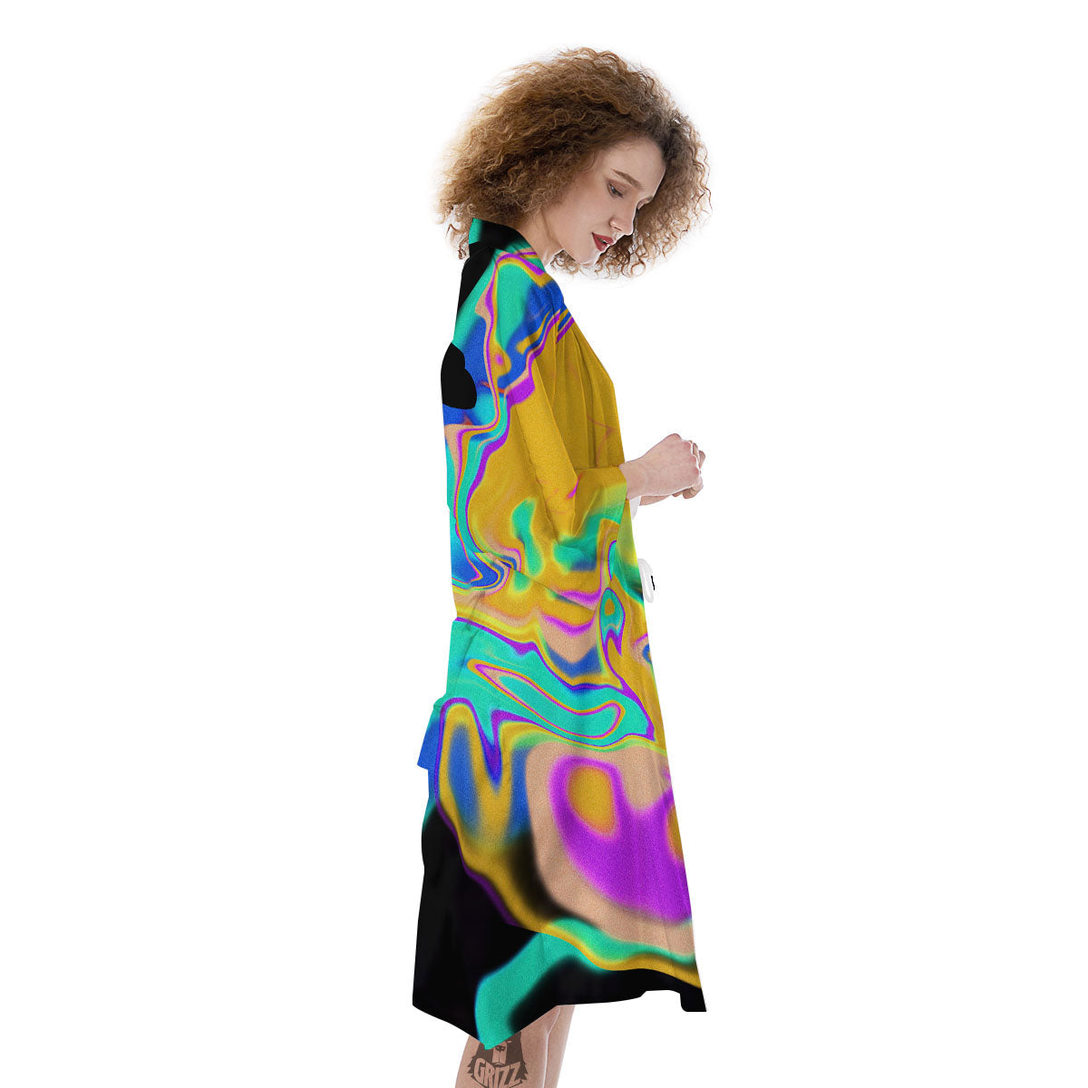 Liquid Trippy Holographic Neon Print Kimono-grizzshop