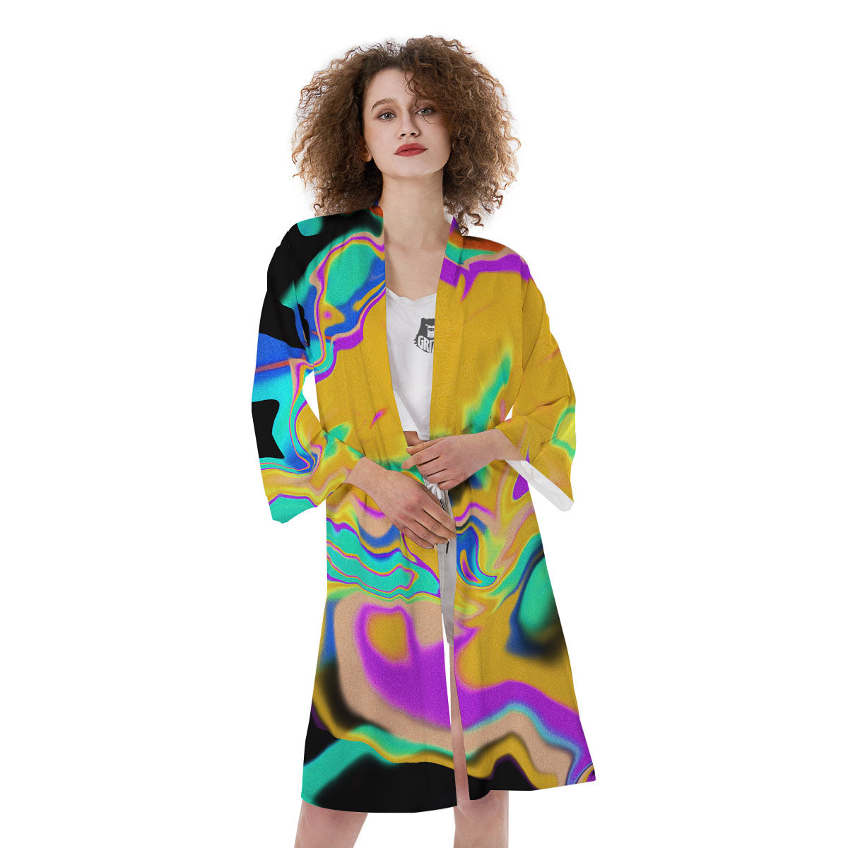 Liquid Trippy Holographic Neon Print Kimono-grizzshop