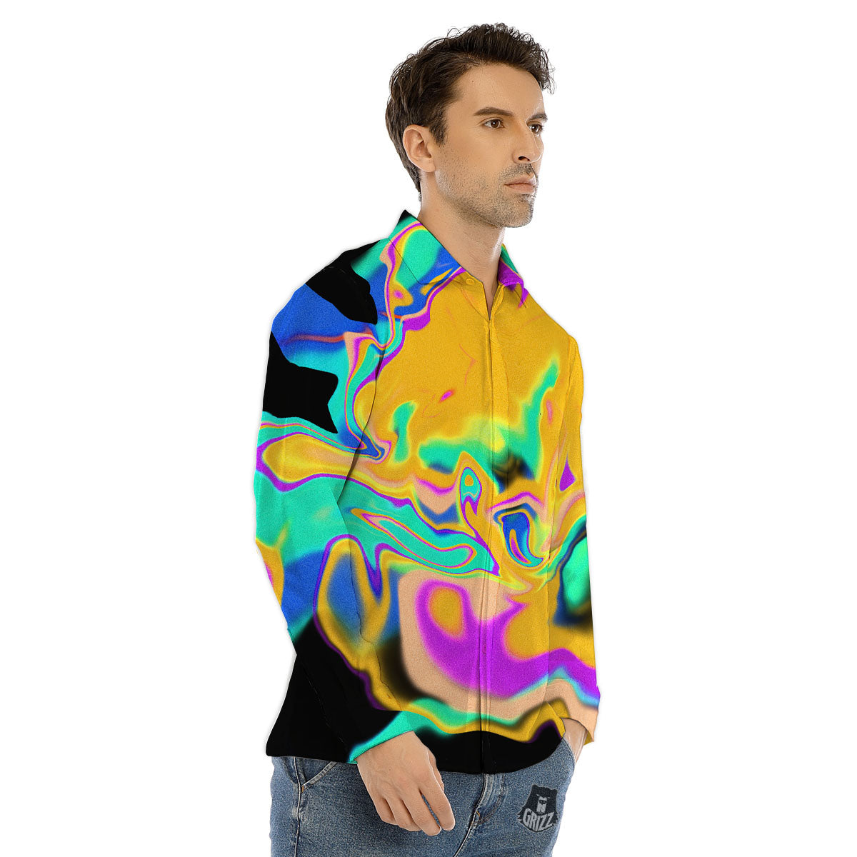 Liquid Trippy Holographic Neon Print Men's Dress Shirts-grizzshop