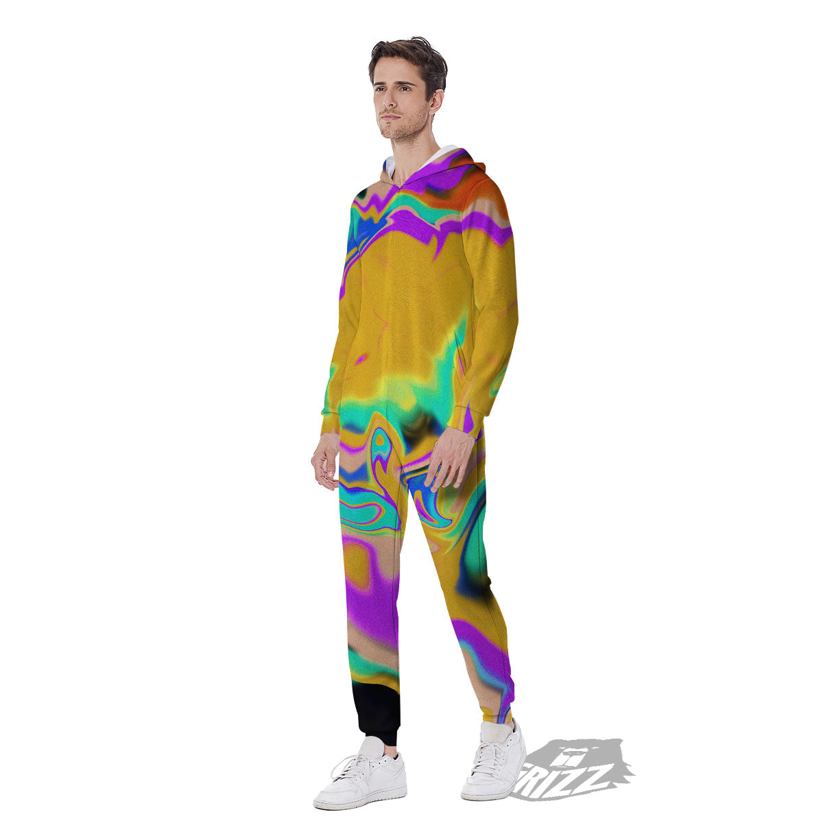 Liquid Trippy Holographic Neon Print Men's Jumpsuit-grizzshop