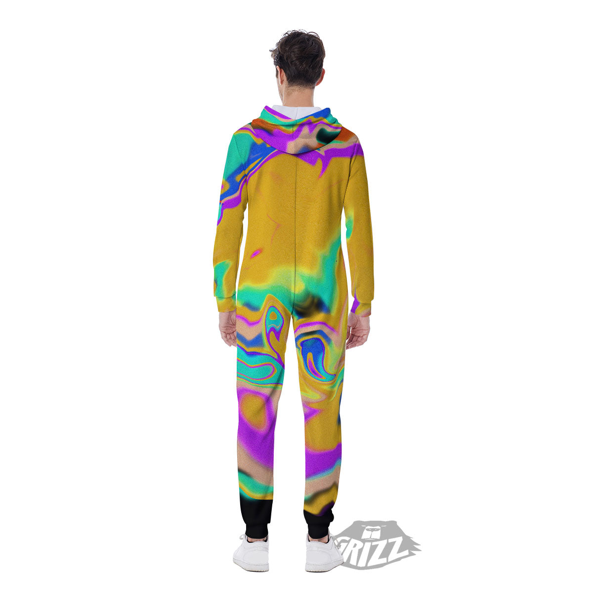 Liquid Trippy Holographic Neon Print Men's Jumpsuit-grizzshop