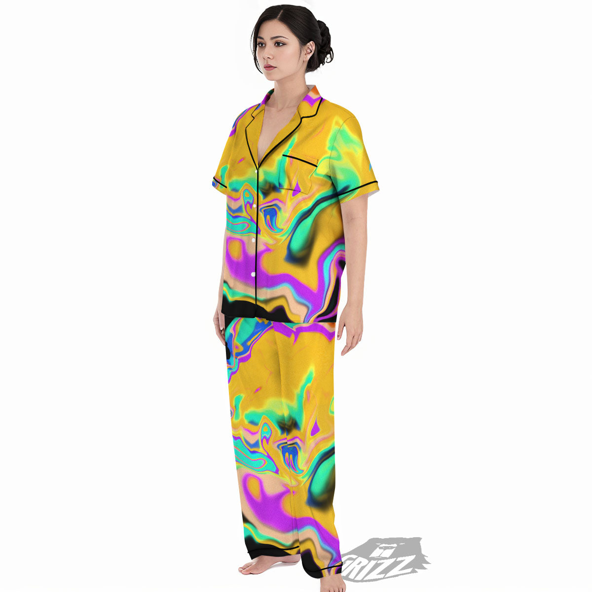 Liquid Trippy Holographic Neon Print Women's Pajamas Set-grizzshop