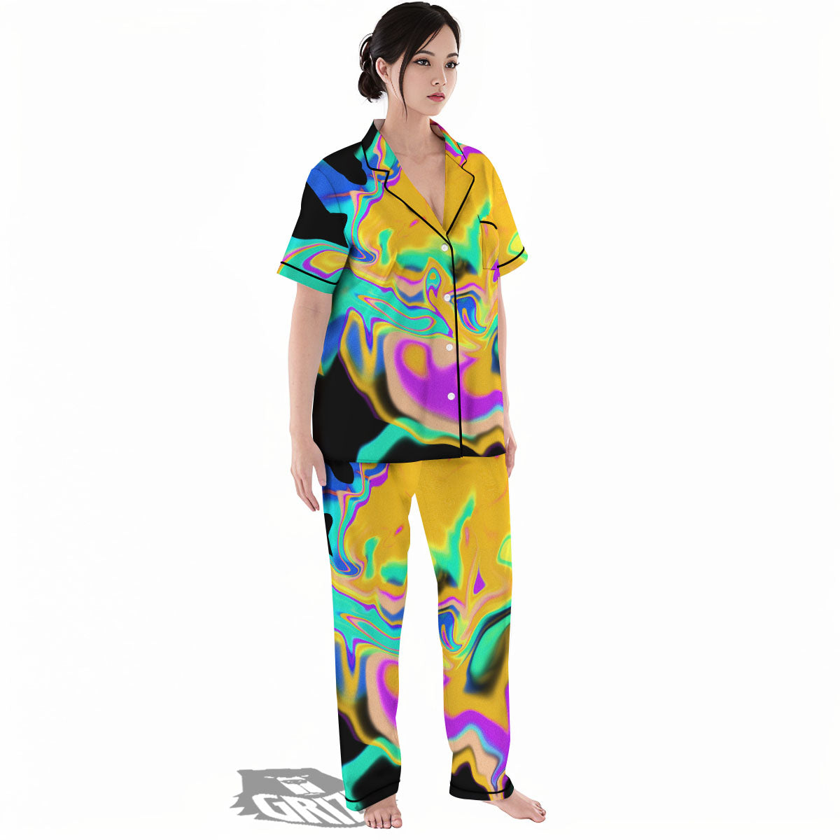 Liquid Trippy Holographic Neon Print Women's Pajamas Set-grizzshop