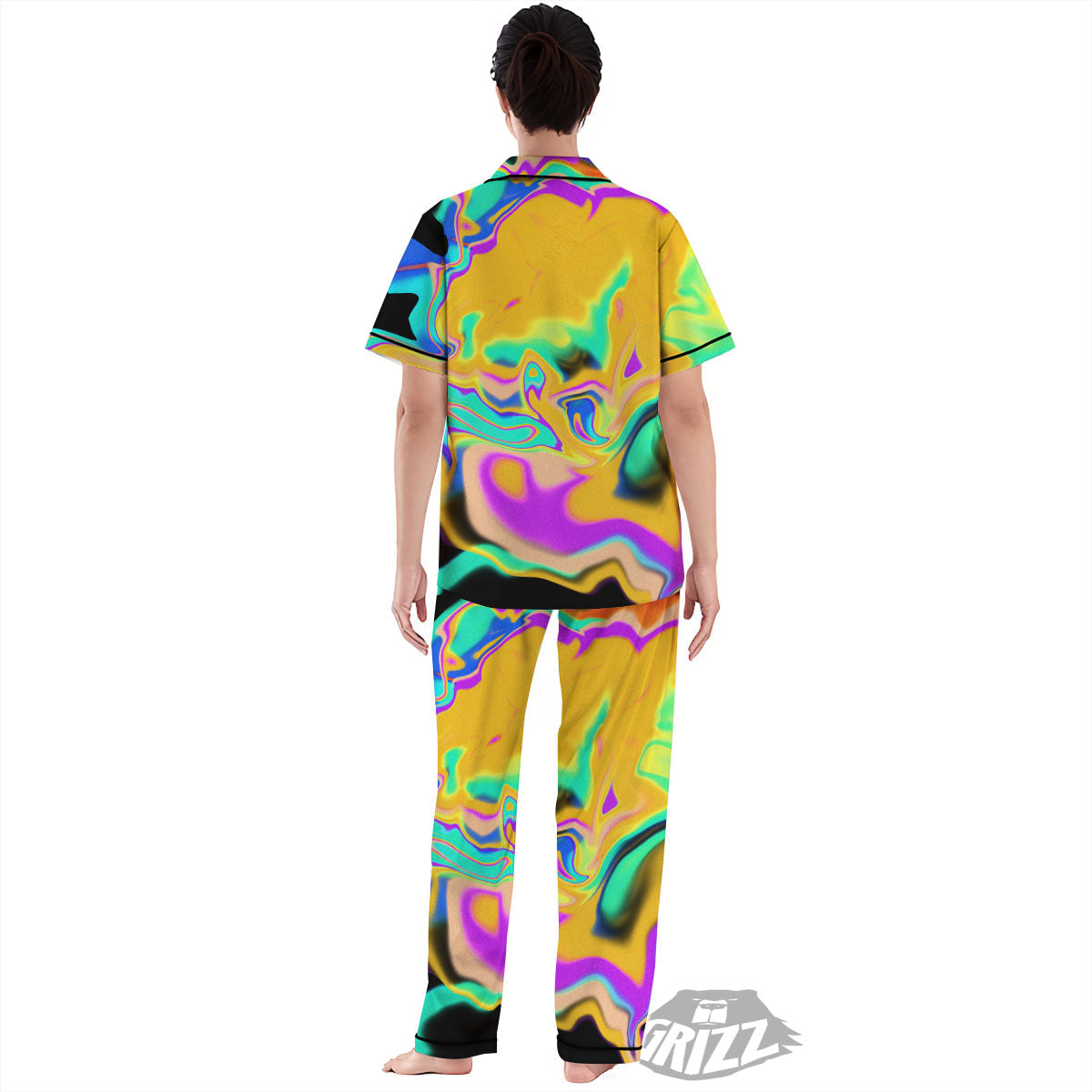 Liquid Trippy Holographic Neon Print Women's Pajamas Set-grizzshop