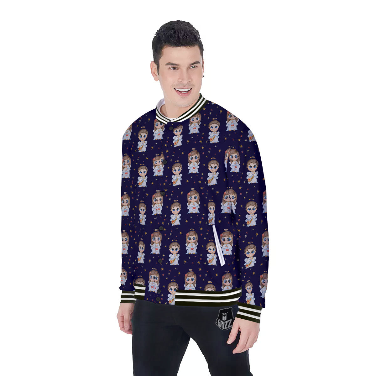 Little Angel Print Pattern Baseball Jacket-grizzshop