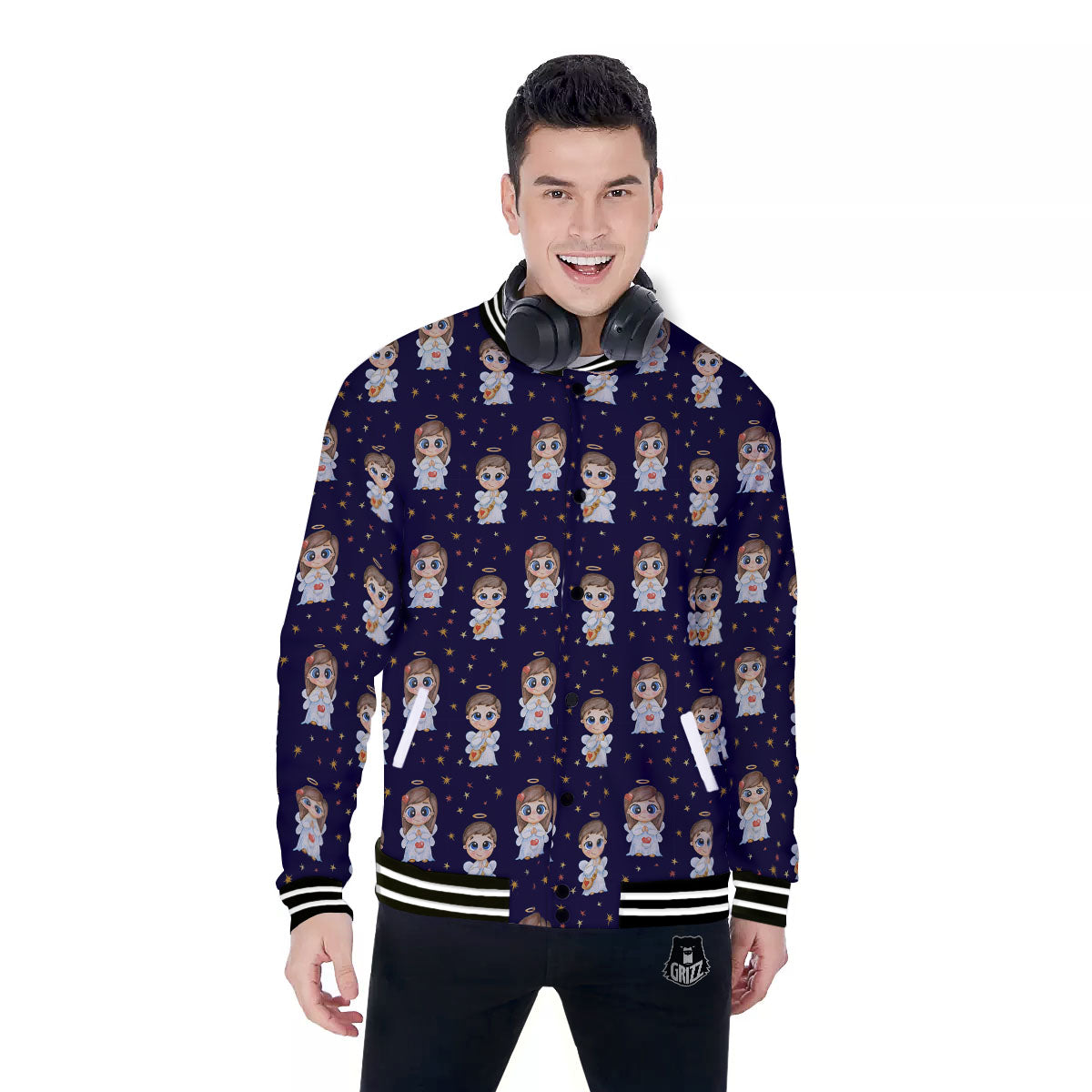 Little Angel Print Pattern Baseball Jacket-grizzshop