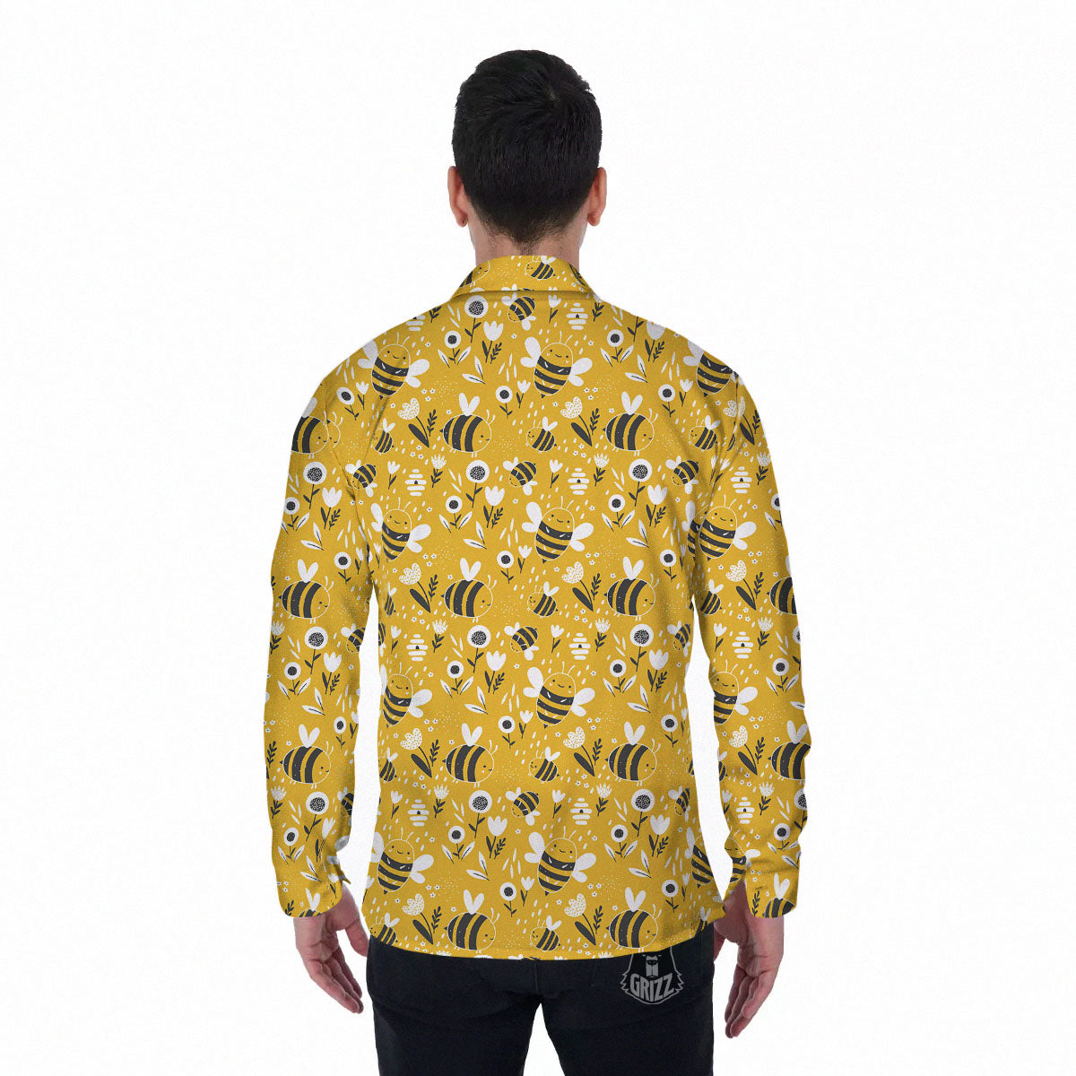 Little Bee Print Pattern Men's Long Sleeve Shirts-grizzshop