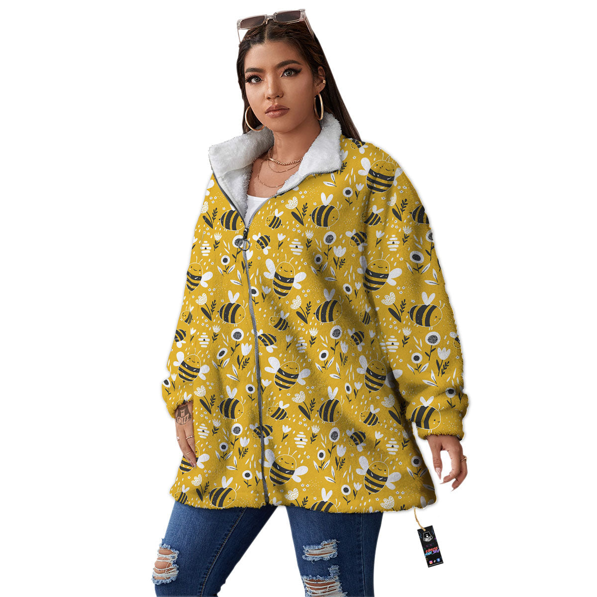 Little Bee Print Pattern Women's Sherpa Jacket-grizzshop