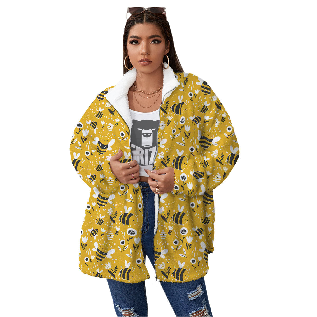 Little Bee Print Pattern Women's Sherpa Jacket-grizzshop