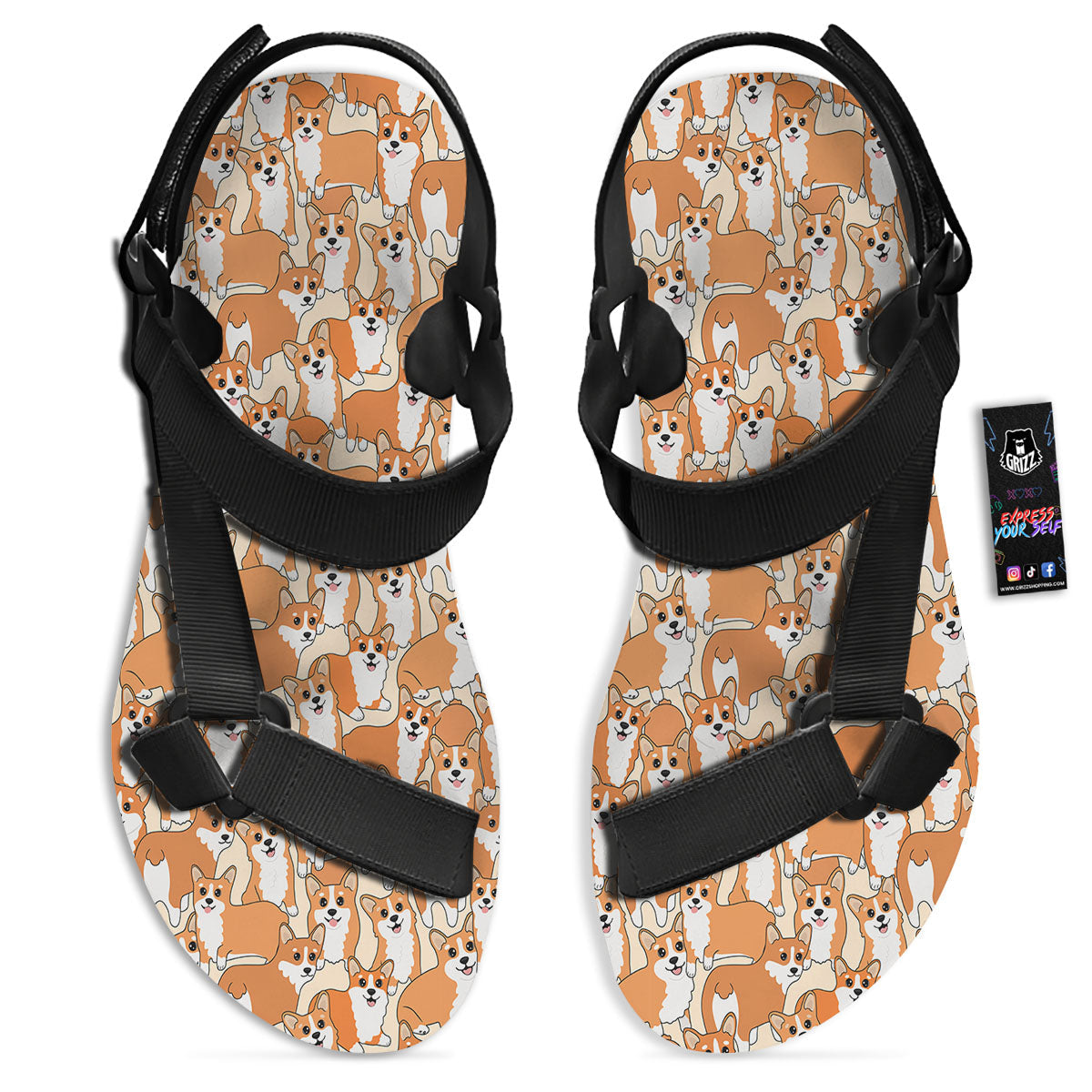 Little Corgi Print Pattern Black Open Toe Sandals-grizzshop