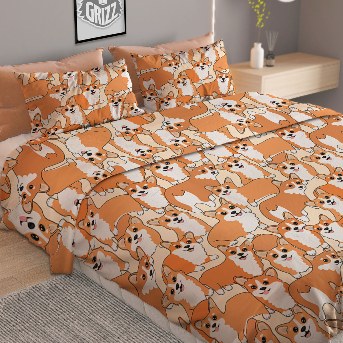 Little Corgi Print Pattern Duvet Cover Bedding Set