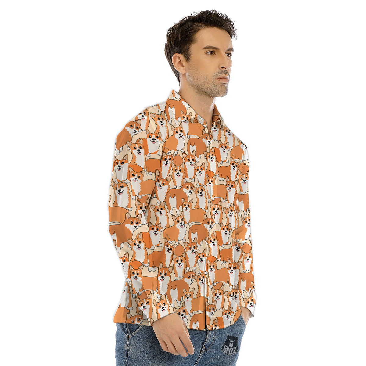 Little Corgi Print Pattern Men's Dress Shirts-grizzshop