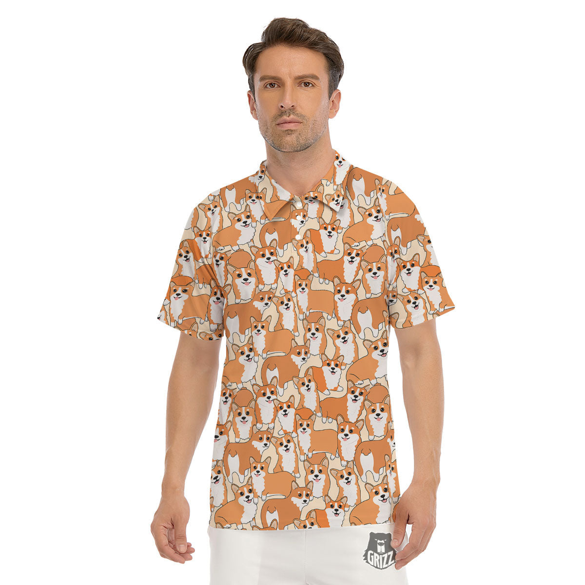 Little Corgi Print Pattern Men's Golf Shirts-grizzshop