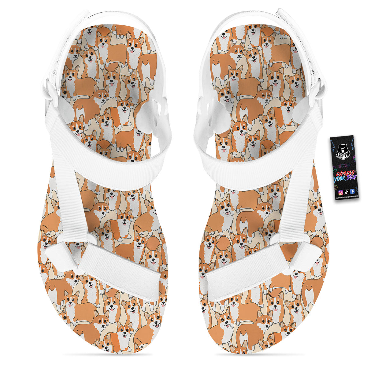 Little Corgi Print Pattern White Open Toe Sandals-grizzshop