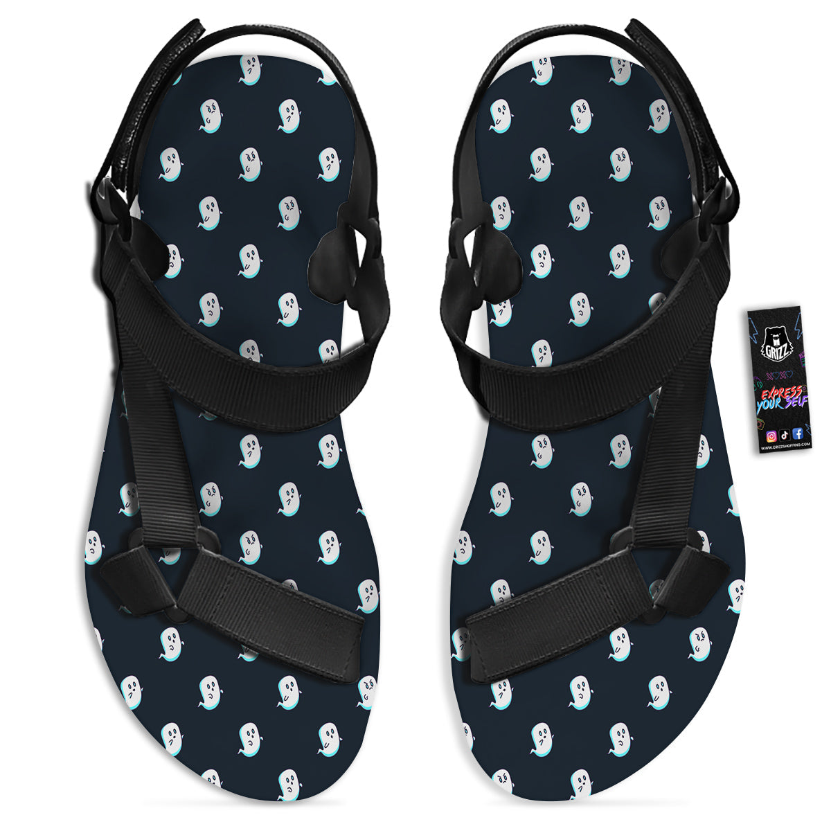 Little Ghost Cute Print Pattern Black Open Toe Sandals-grizzshop
