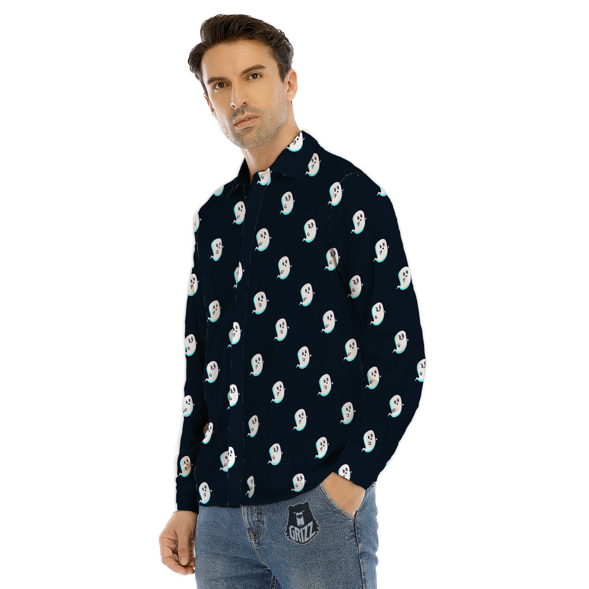 Little Ghost Cute Print Pattern Men's Dress Shirts-grizzshop