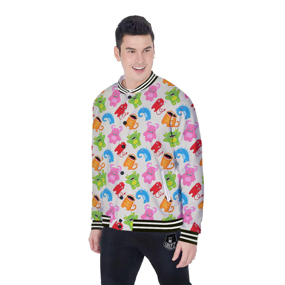 Little Monster Print Pattern Baseball Jacket-grizzshop