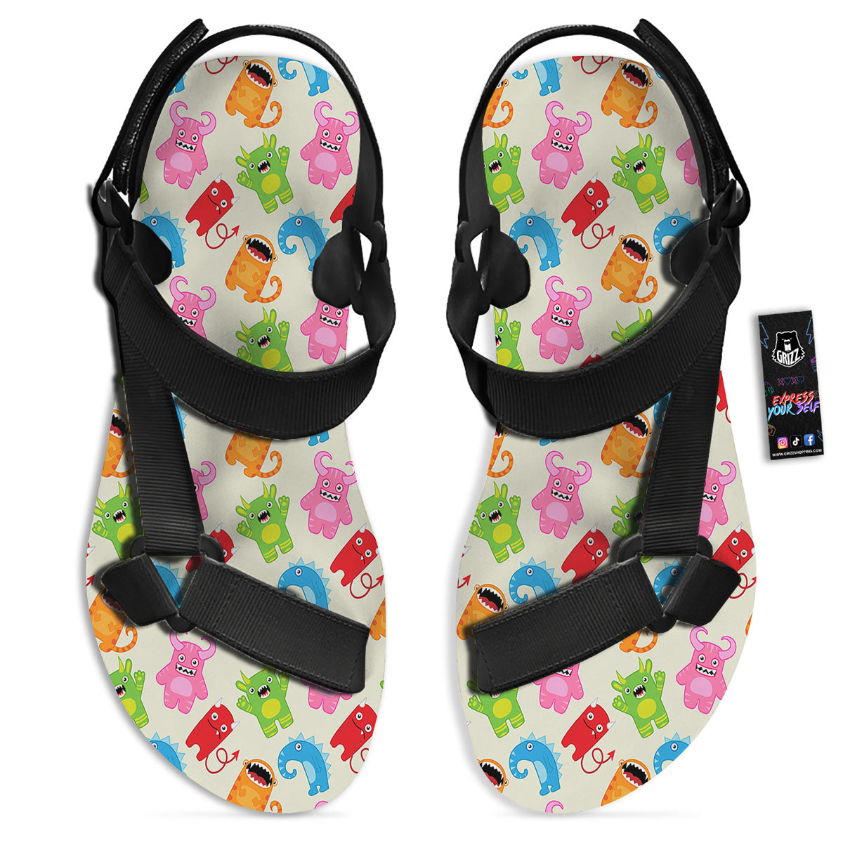 Little Monster Print Pattern Black Open Toe Sandals-grizzshop