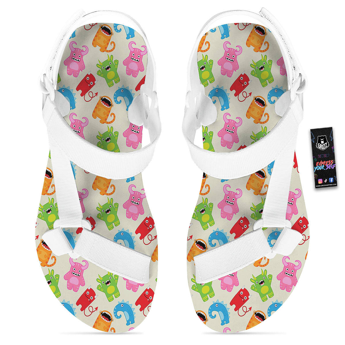 Little Monster Print Pattern White Open Toe Sandals-grizzshop