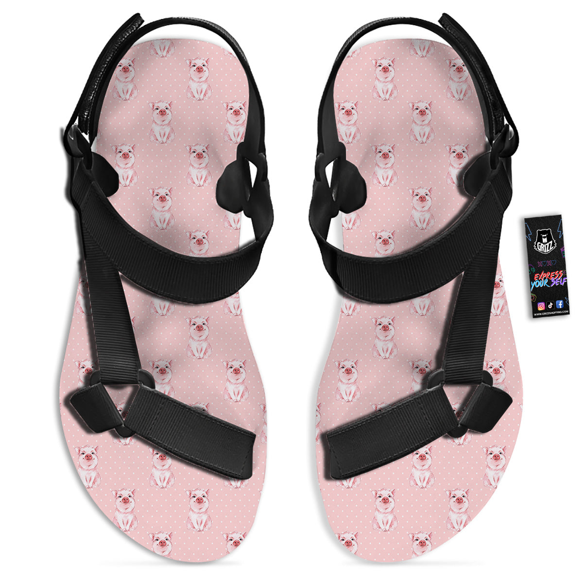 Little Pig And White Dots Print Pattern Black Open Toe Sandals-grizzshop