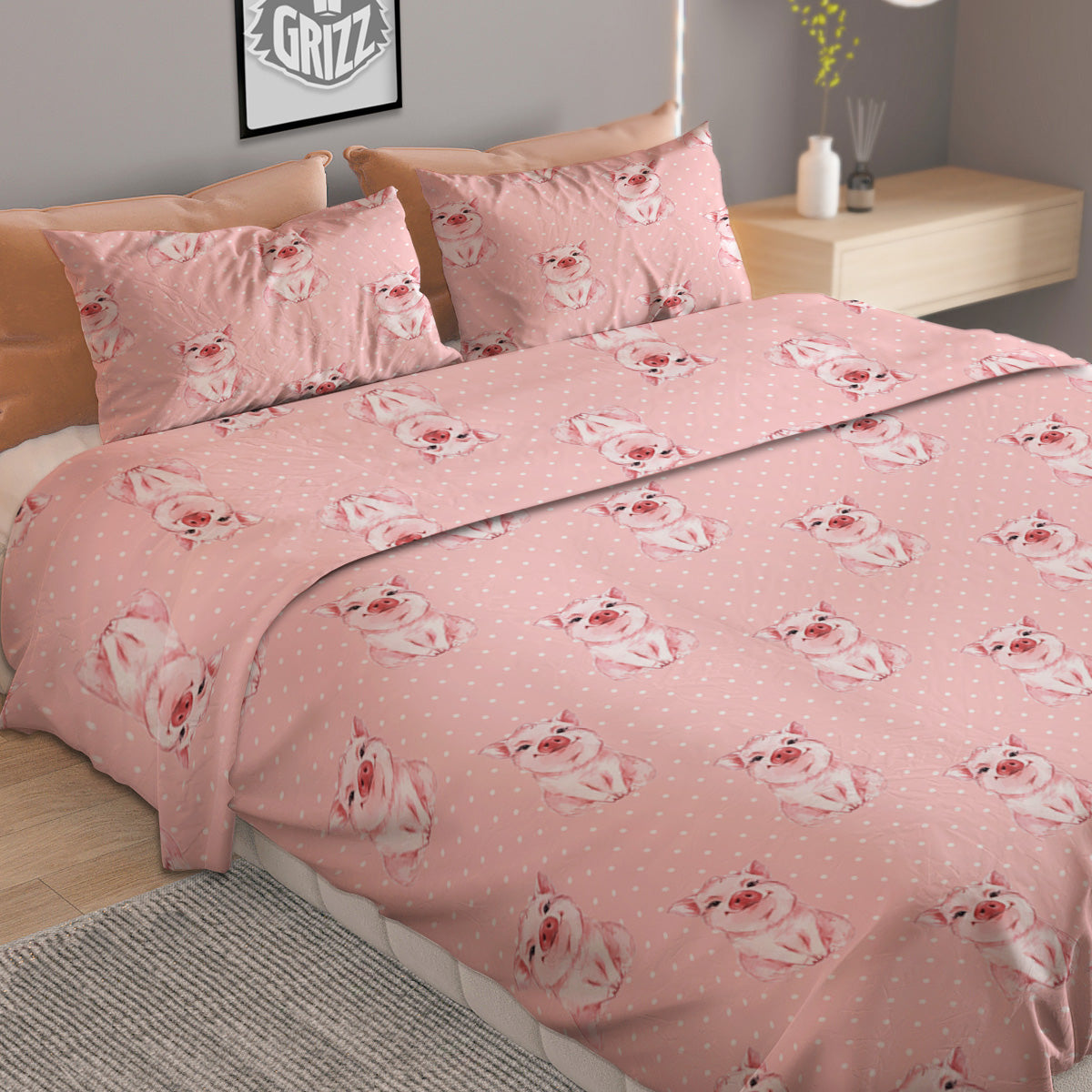 Little Pig And White Dots Print Pattern Duvet Cover Bedding Set