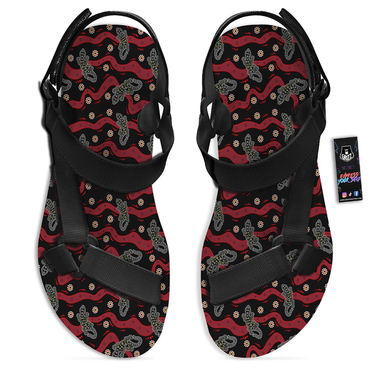 Lizard Aboriginal Print Pattern Black Open Toe Sandals-grizzshop