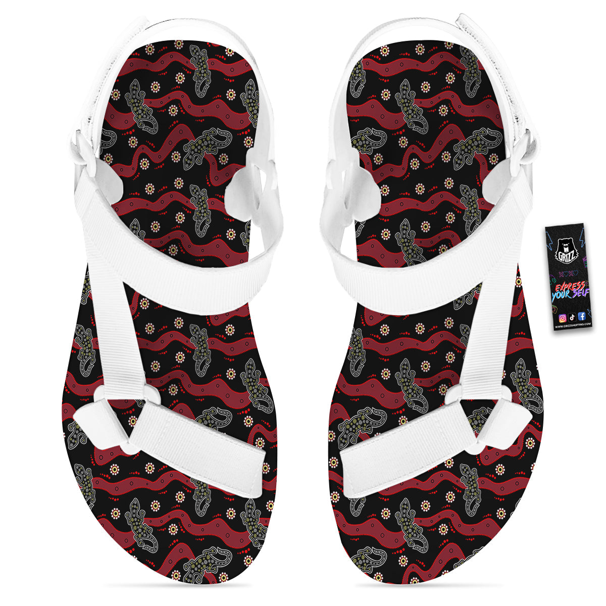 Lizard Aboriginal Print Pattern White Open Toe Sandals-grizzshop