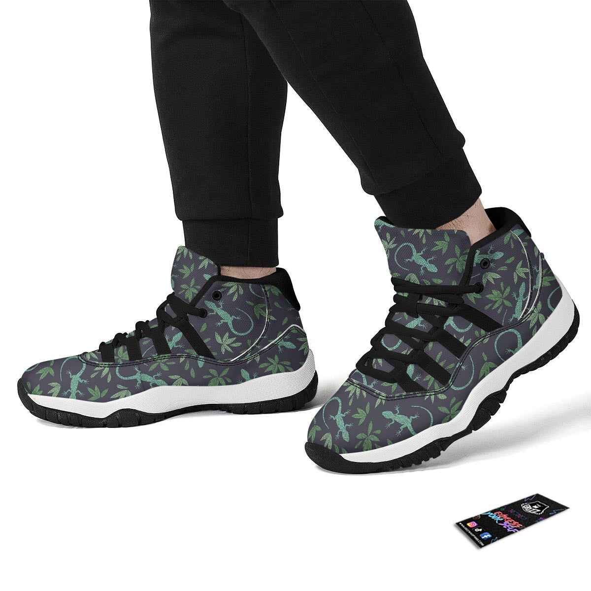 Lizard Leaf Pattern Print Black Bball Shoes-grizzshop