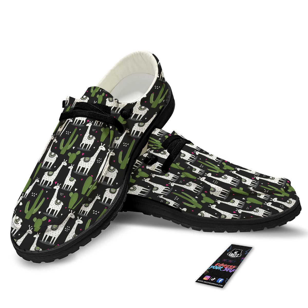 Llama And Cactus Print Pattern Black Loafers-grizzshop