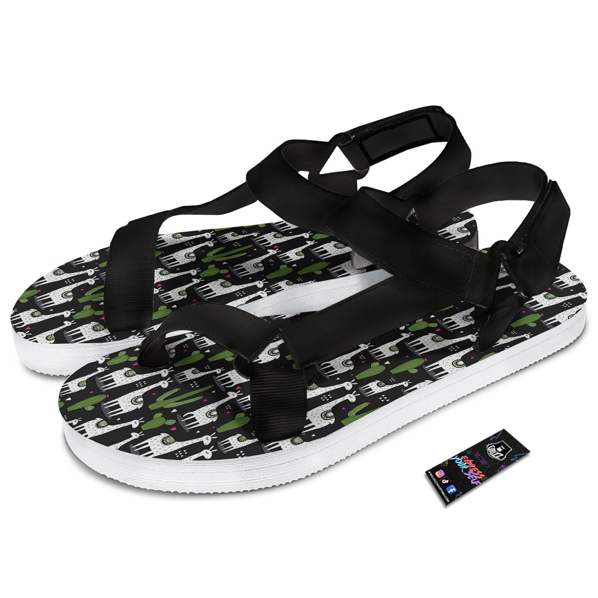 Llama And Cactus Print Pattern Black Open Toe Sandals-grizzshop