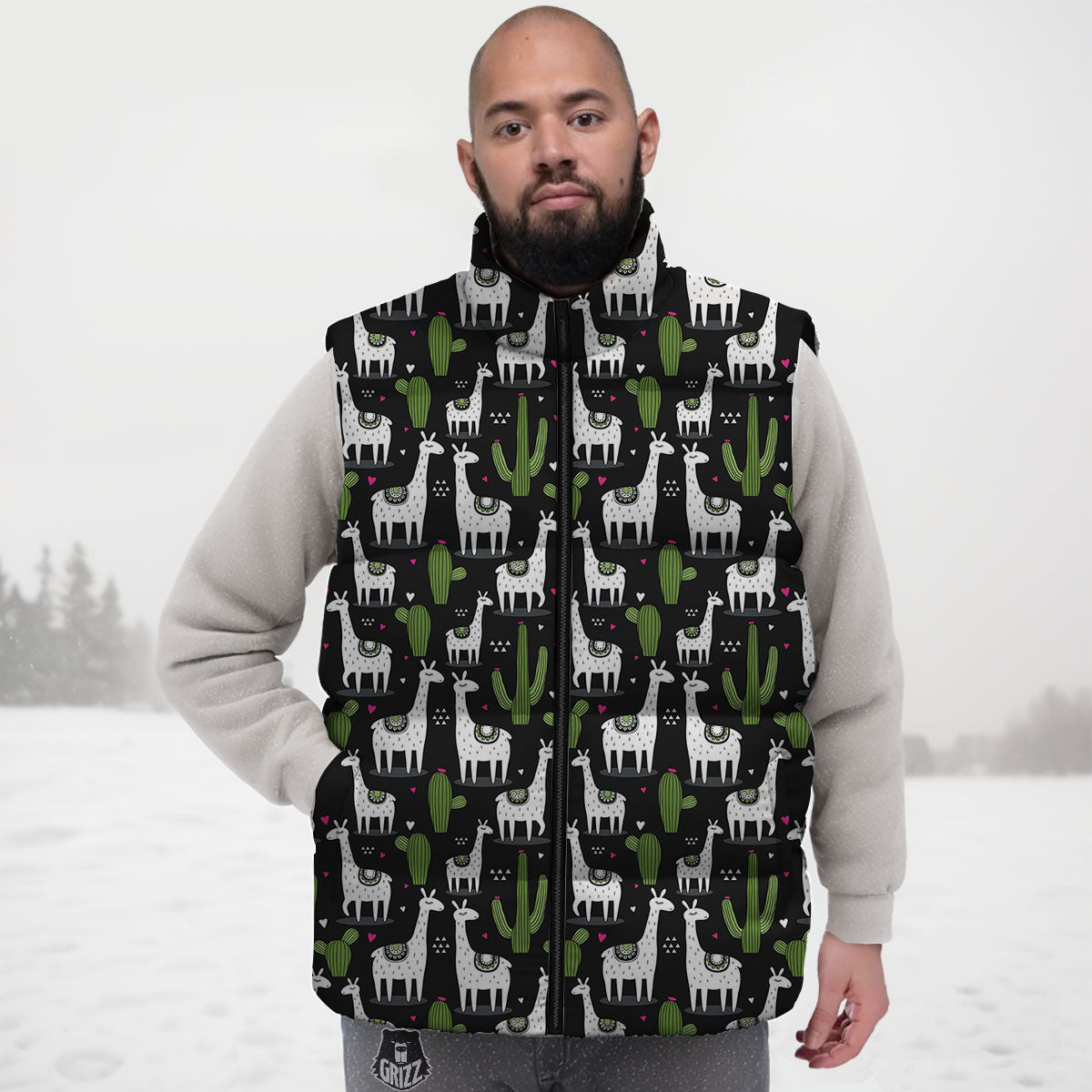 Llama And Cactus Print Pattern Down Vest-grizzshop