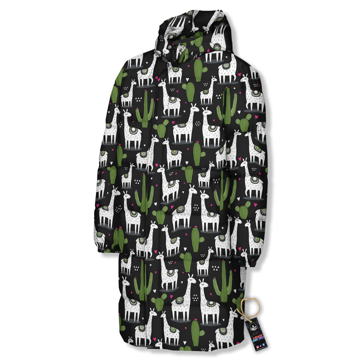 Llama And Cactus Print Pattern Long Down Jacket-grizzshop